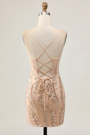 Sparkly Champagne Sequins Bodycon Homecoming Dress with Beading